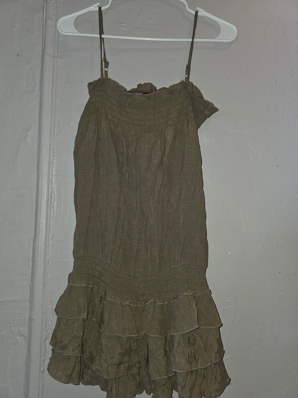 Olive Green Tiered Spaghetti-Strap Dress